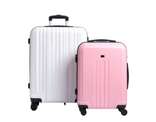Two hard-shell travel suitcases, one white and one pink, isolated on black