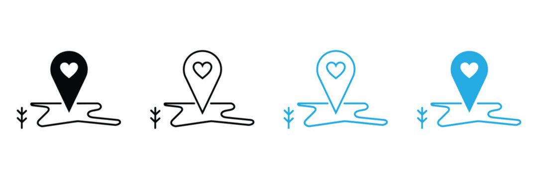 Find your dream romantic vacation spot or promote travel destinations with these charming map pin icons featuring a heart. Perfect for travel blogs and dating apps.