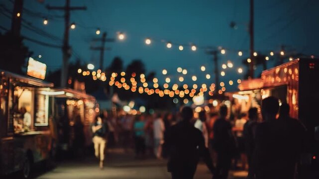 Outdoor night market with string lights, food stalls on both sides, and crowds strolling along a dimly lit street.