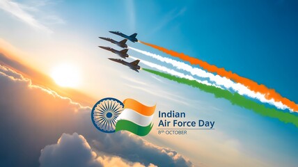 Indian air force day aerial display with fighter jets flying in formation, leaving colorful smoke trails representing the indian flag colors against a bright sky