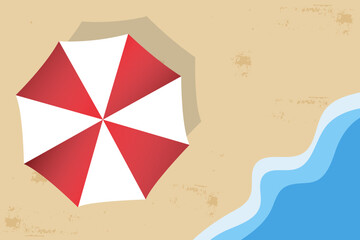 Beach umbrella on sandy shore with sea waves top view. Vector illustration