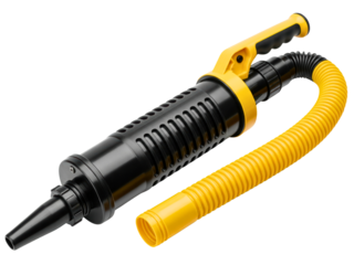 Black and yellow electric air pump with flexible corrugated hose on a transparent background