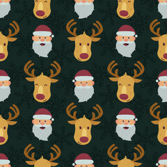 Seamless Christmas pattern featuring cute Santa Claus and reindeer rudolph heads on a dark background, perfect for festive wrapping paper, holiday decor, and winter design projects.