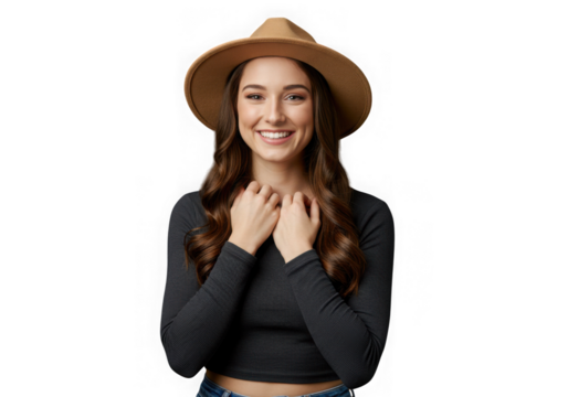 Young woman wearing a straw hat and smiling isolated on transparent background