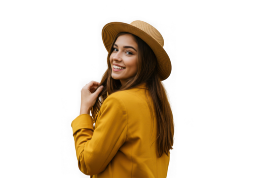 Young woman wearing a straw hat and yellow shirt smiling isolated on transparent background