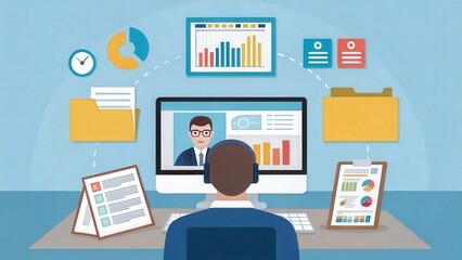 Remote Work Entrepreneur A person engages in a virtual meeting while analyzing data on multiple screens.