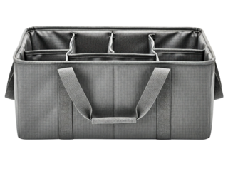 Gray fabric trunk organizer with multiple storage compartments on a transparent background