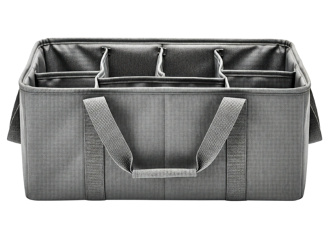 Gray fabric trunk organizer with multiple storage compartments on a transparent background