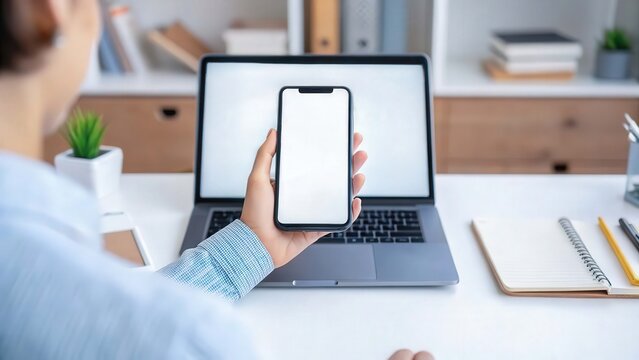 Remote Work Entrepreneur A person holding a smartphone in front of a laptop on a stylish desk setup.