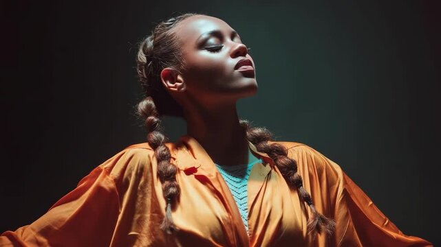 A person with two long braids wearing an orange robe over a turquoise top, head arched back in a dramatic pose.