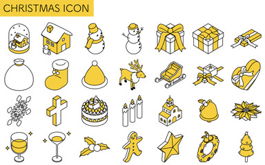 クリスマスの線画アイコンセット　雪だるま、ツリー、リースなど冬のかわいい, アイソメトリックイラスト