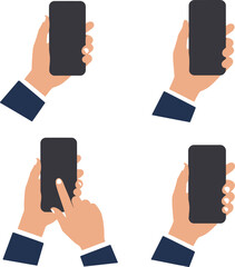 Modern hands holding smartphones in various poses and angles for digital communication and technology concepts isolated on transparent background