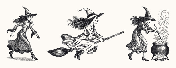 witch set collection hand drawn sketch illustration pointed hat stirring steaming cauldron flying on broomstick dynamic scenes classic character line art detailed card design