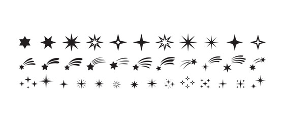 Collection of star icons in various shapes and styles black and white, vector illustration