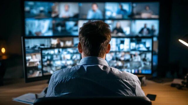 Person seated at a desk watches a wall of screens showing a video conference with many participants.