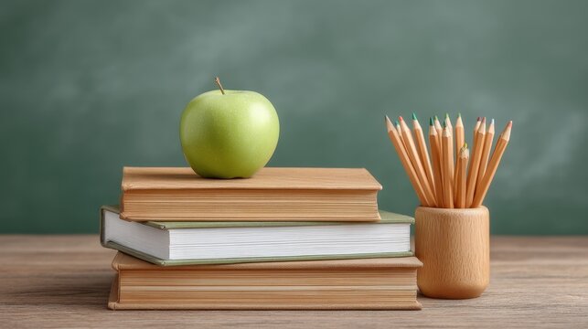 Green Apple on Stacked Books with Colorful Pencils in a Wooden Holder on a Wooden Table Against a Chalkboard Background - Powered by Adobe