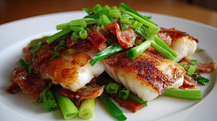 Fried Fish Fillets with Bacon and Green Onions on White Plate
