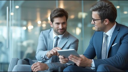 Two professional men discussing ideas in a modern office setting, showcasing collaboration and teamwork in the corporate world. - Powered by Adobe