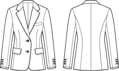 Tailored blazer jacket sketch, technical fashion drawing, notched lapel, flap pockets, structured fit, front and back view, garment flat