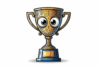 A funny cartoon trophy with big googly eyes and a golden finish.