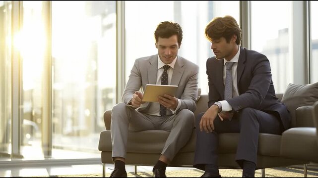 Two professionals collaborate in a modern office, discussing ideas over a tablet while enjoying the warm sunlight.