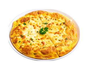 Circular cheese omelet or frittata slice isolated on a white background.