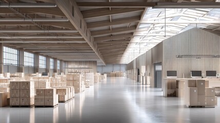 Modern warehouse interior with natural light featuring wooden pallets and organized storage areas for efficient logistics and distribution operations