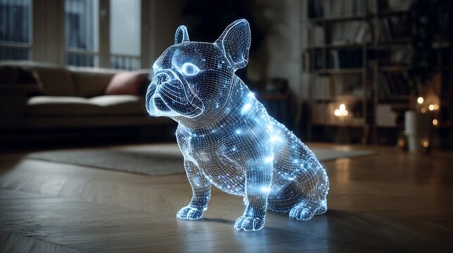 Holographic french bulldog futuristic pet ai generated dog breed digital art technology animal design pet - Powered by Adobe