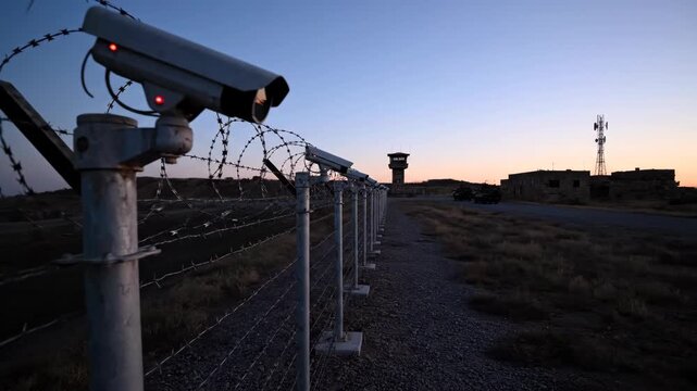 Security Cameras on Fence with Barbed Wire at Dusk in Remote Area