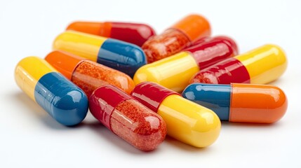Colorful Capsules in Red Yellow Blue Orange and Brown on White Background