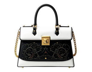 Front View of Black and White Embroidered Handbag with Shiny Gold Chain, Isolated