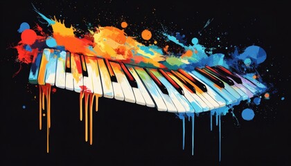 An illustration shows a piano keyboard with colorful paint splatters and drips, set against a black background.