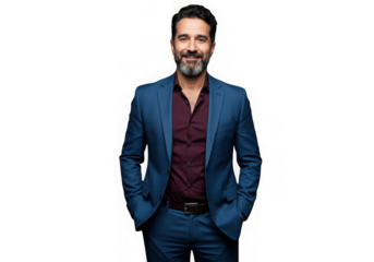 Man in blue suit and burgundy shirt smiling isolated on transparent background