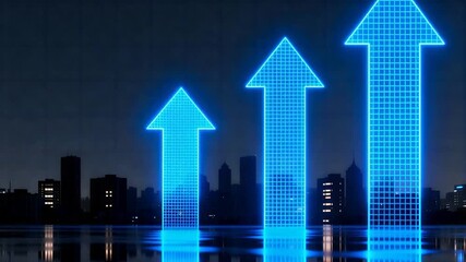 Neon Digital Growth Arrows Animation Over Cityscape - Powered by Adobe
