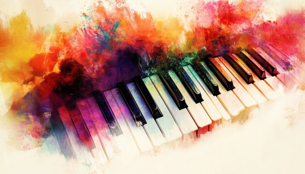 A piano keyboard is shown with a colorful abstract watercolor background in shades of red, orange, and other colors.