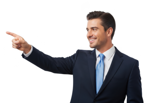 Smiling businessman pointing left isolated on transparent background