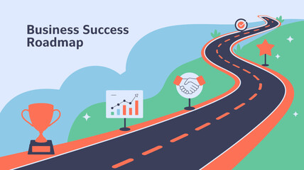 Navigate Your Business Success Roadmap with Strategic Growth Chart, Handshake, Star, and Winning Trophy to Achieve Goals and Celebrate Accomplishments