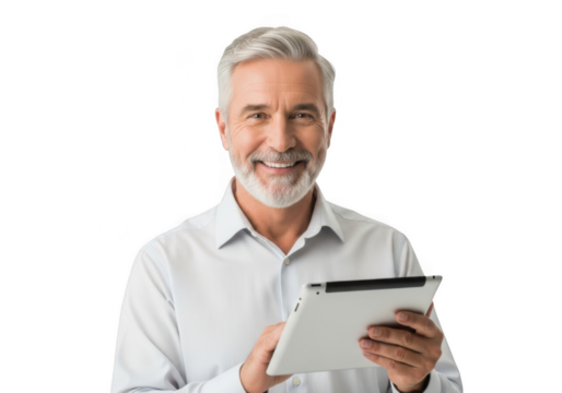 Smiling older man holding a tablet isolated on transparent background