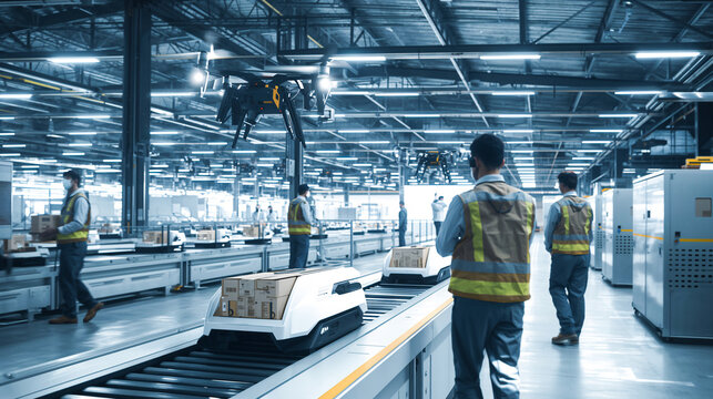 Automated warehouse with drones and robots handling logistics, smart industry 4.0 technology, artificial intelligence in supply chain management, efficient automated packaging and delivery system