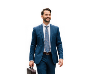 Smiling businessman in blue suit holding briefcase isolated on transparent background
