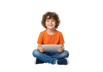 Young boy with curly hair holding a tablet isolated on transparent background