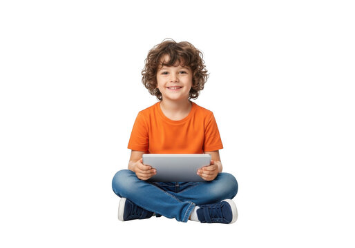 Young boy with curly hair holding a tablet isolated on transparent background - Powered by Adobe