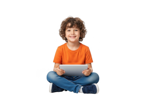 Young boy with curly hair holding a tablet isolated on transparent background