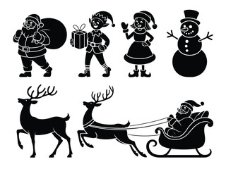 Festive christmas silhouette vector illustrations featuring santa claus elves reindeer and snowman for scalable graphic design vector illustration white background
