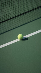 A single tennis ball resting on a dark green court, marked by a white line and a net shadow