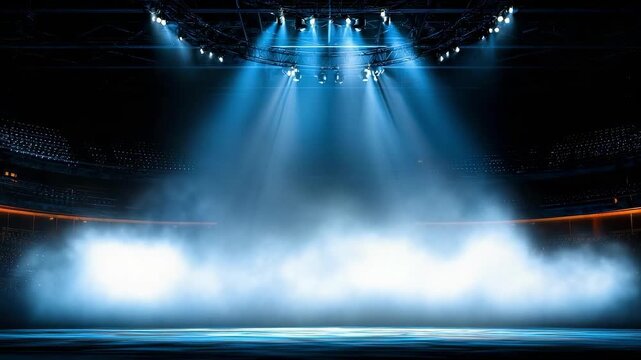 Fog-filled stage in a dark arena, blue spotlights piercing through the haze.