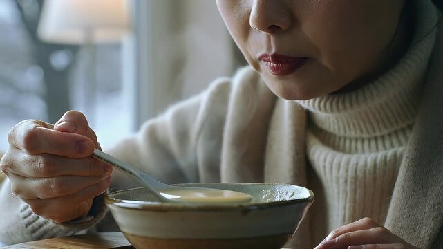 Close-up of asian woman enjoying steaming bowl of hot soup at home during cold winter afternoon at home