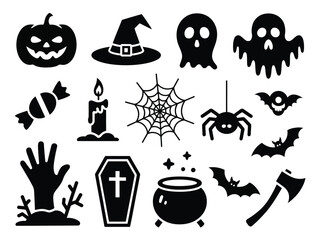 Spooky halloween silhouette vector icons collection festive symbols for seasonal design projects and decorations vector illustration white background