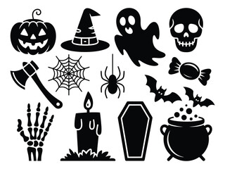 Halloween silhouette vector illustrations collection for spooky seasonal graphic design projects vector illustration white background