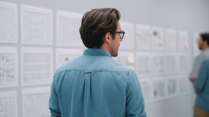 Man in Blue Shirt Analyzing Project Plan on Wall with Paper Sheets, Office Environment Focused on Collaboration and Creative Process in Team Setting